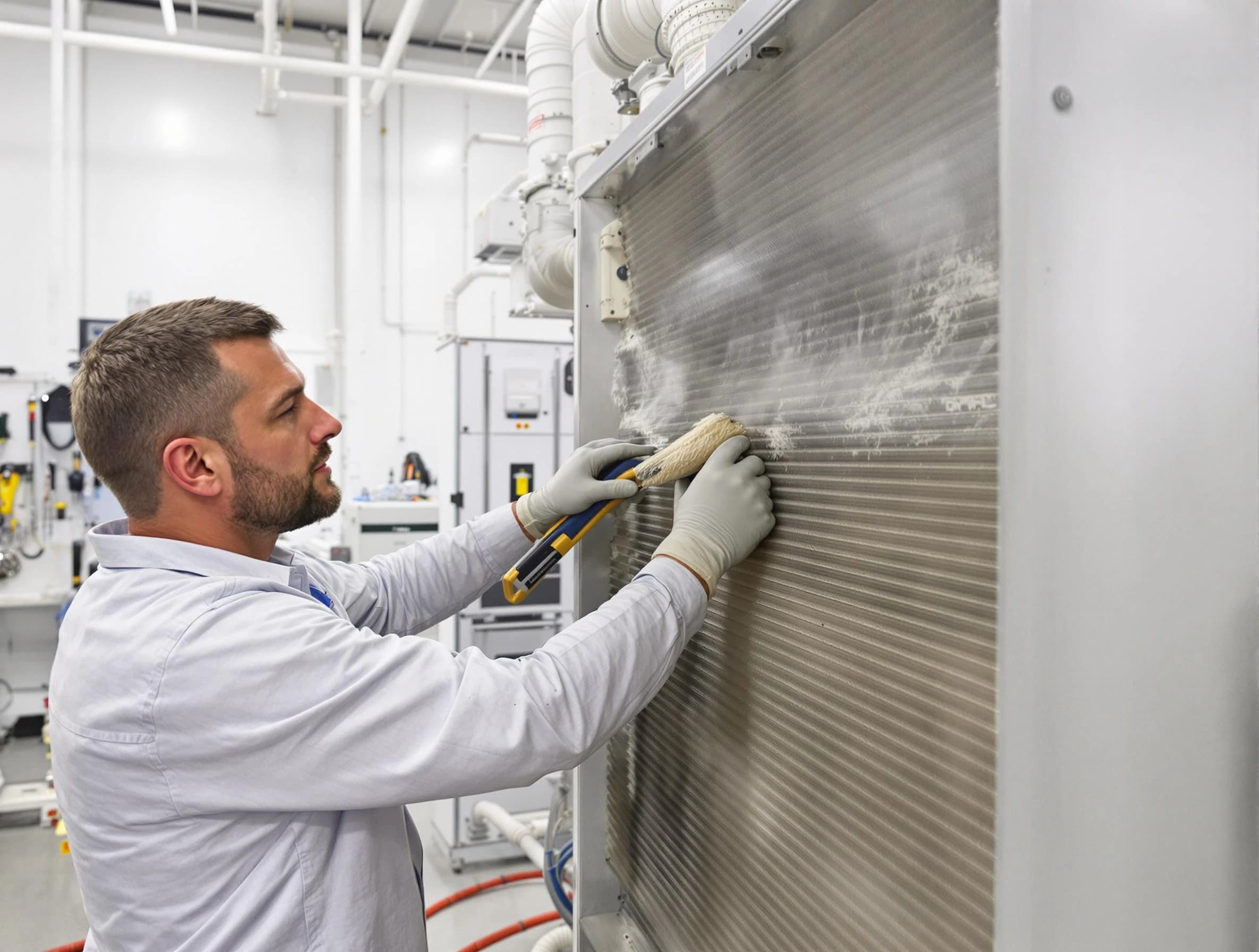 Four Square Mile Air Duct Cleaning technician performing precision commercial coil cleaning at a Four Square Mile business