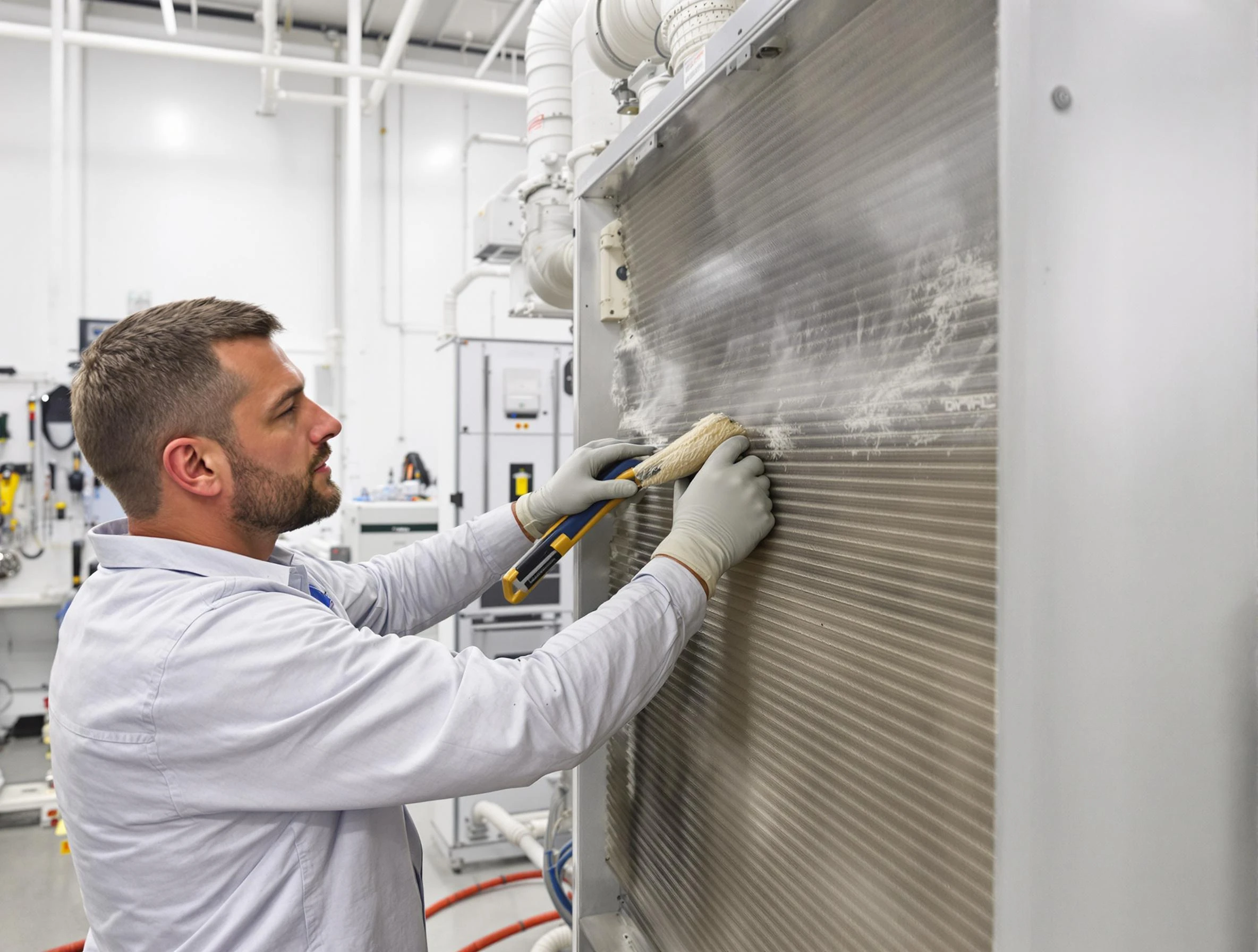 Four Square Mile Air Duct Cleaning technician performing precision commercial coil cleaning at a Four Square Mile business